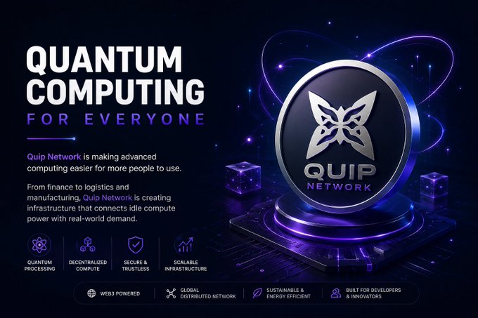 The image features a purple background with a silver coin placed at the center of the frame. The text "Quantum Computing for Everyone" is written above the coin, and below it, there are descriptions about the coin's purpose and its relation to the Quip Network.