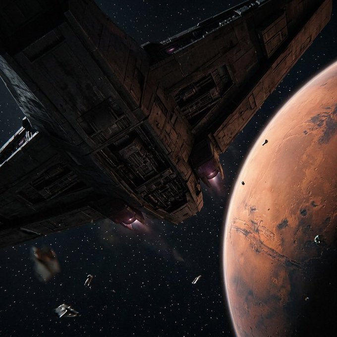 A science fiction scene showing a massive dark spaceship hovering in space near a reddish planet, with smaller debris floating nearby.