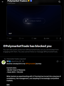 The image shows a screenshot of a Polymarket Traders post (with 98,000 followers) reporting a 98.68% favorable checkpoint in their LP rewards journey, along with a notification that @PolymarketTrade has blocked the user for "Slop+Disinformation." This relates to the accompanying post, which suggests the block occurred because the user criticized @williamlegate's affiliates and marketing work, leading to their ban from both the DUB system and the Polymarket account.