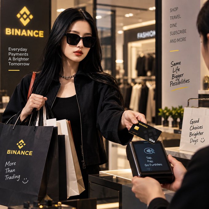 A stylish woman wearing sunglasses pays at a retail checkout by tapping her Binance-branded Visa card on a payment terminal, while carrying a shopping bag labeled "BINANCE" with the tagline "More Than Trading ☺." The background features Binance signage with slogans like "Everyday Payments A Brighter Tomorrow" and lifestyle messaging ("SHOP, TRAVEL, DINE, SUBSCRIBE AND MORE"), visually reinforcing the post's theme of using the Binance Card for everyday purchases.