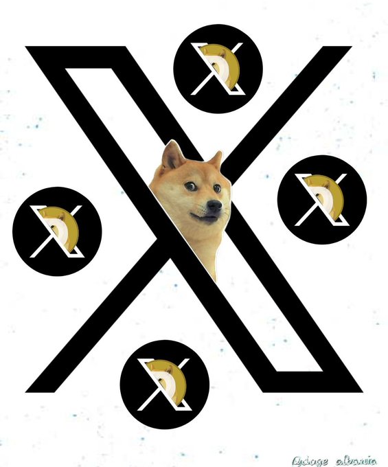 A digital graphic featuring the X (formerly Twitter) logo pattern in an X-shape on a white speckled background, with a Shiba Inu dog face emerging from the center and four black circles containing a crossed-out doge coin symbol.