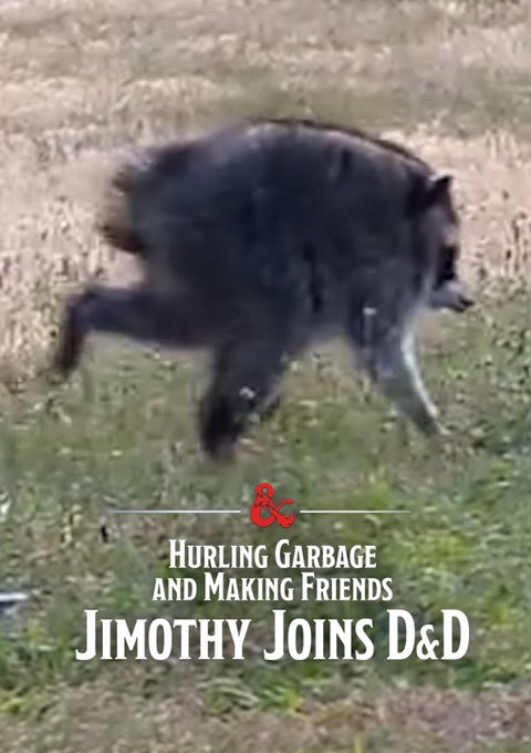 A black bear walks across a grassy field, with overlaid text reading "Hurling Garbage and Making Friends - Jimothy Joins D&D," humorously presenting the bear as a new player joining a Dungeons & Dragons campaign, tying into the caption's pun comparing "Jimothy" to "Himothy."