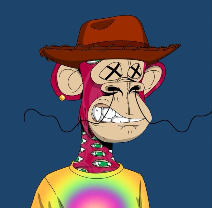 A cartoon-style digital illustration features a stylized monkey character wearing a brown cowboy hat and a tie-dye shirt, with X's for eyes.