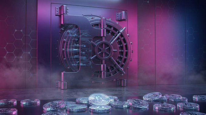 A glowing bank vault door opens to reveal digital circuit patterns, surrounded by scattered coins in pink and purple lighting. The image visually represents FQL Exchange's message about cloud mining as a secure gateway to digital market access, symbolizing the unlocking of crypto opportunities.