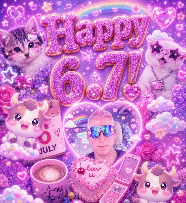 The image is a vibrant, chaotic "Happy 6.7!" birthday-style graphic in glittery pink and purple, featuring a central photo of a man wearing pink sunglasses, surrounded by cute cats, plush cows, hearts, rainbows, and Hello Kitty items. The "6.7" likely references a token airdrop, tying into the post celebrating receiving a meme airdrop on Monad.