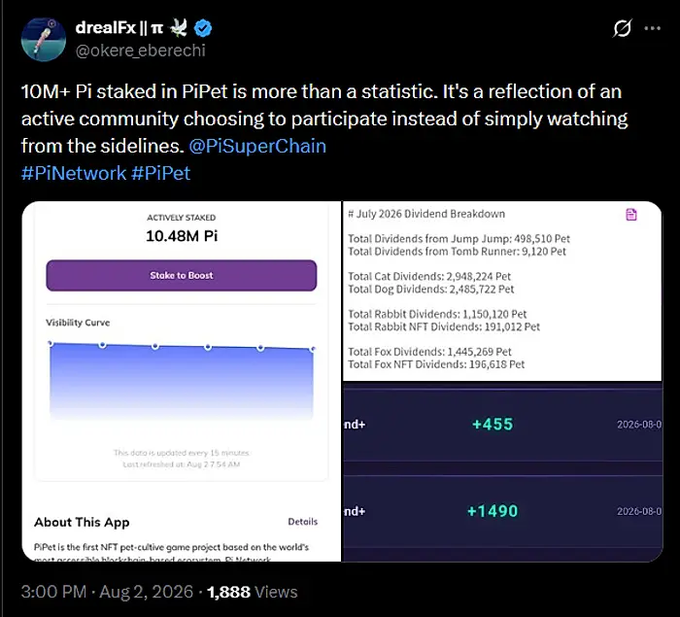 Tweet from @okere_eberechi celebrating '10M+ Pi staked in PiPet' with screenshots showing 10.48M Pi actively staked and a July 2026 dividend breakdown.