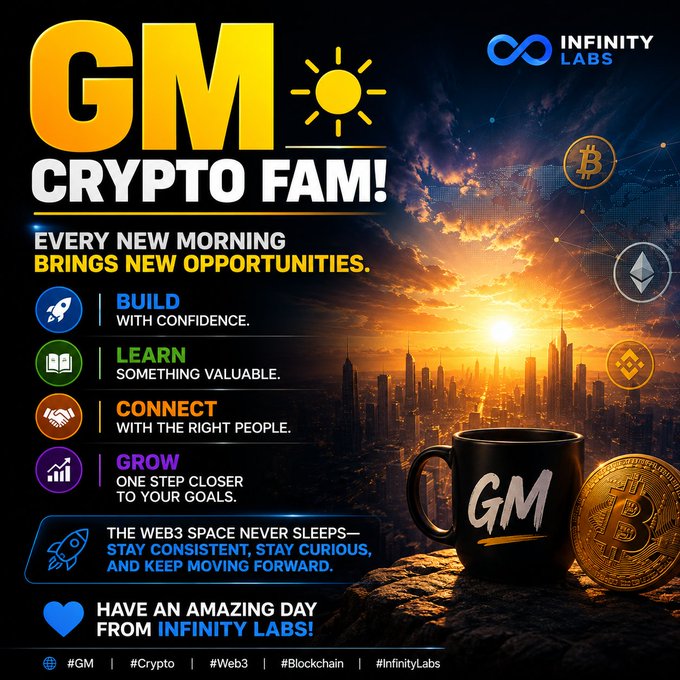 A motivational crypto poster from Infinity Labs featuring 'GM CRYPTO FAM!' with a sun graphic, a sunrise cityscape background, and four icons labeled BUILD, LEARN, CONNECT, and GROW, alongside Bitcoin, Ethereum, and BNB logos.