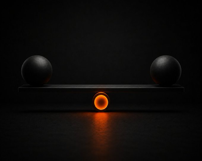 A glowing orange sphere balances a black beam supporting two dark spheres, embodying perfect equilibrium. The image visually reinforces the concept of "balance before action," illustrating that stability and equilibrium must be achieved before any forward movement or decision is made.