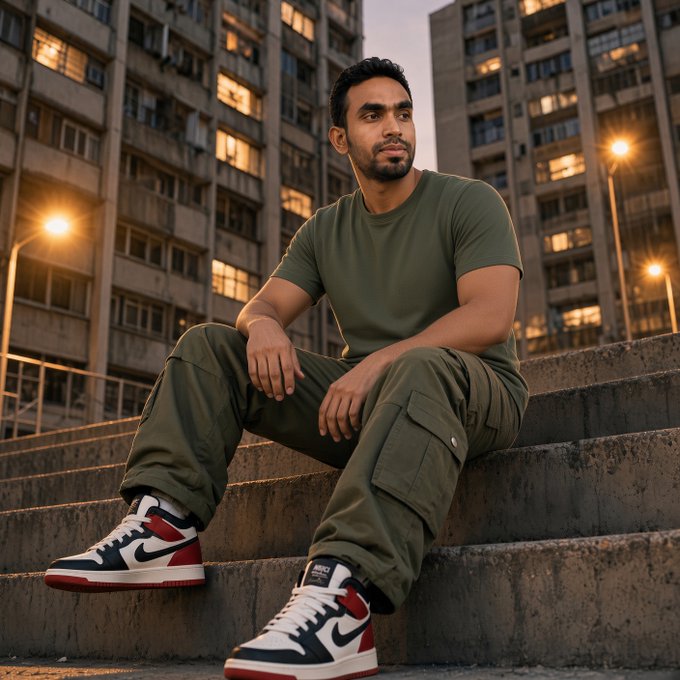 A man wearing an olive green t-shirt and cargo pants sits on concrete stairs in an urban setting at dusk, wearing white, black, and red high-top sneakers.