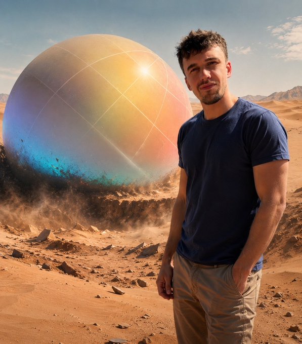 A man poses confidently in a barren desert landscape with a large, iridescent sphere behind him, suggesting a mysterious or sci-fi themed project related to "@world_xyz." The surreal setting evokes curiosity and otherworldliness, fitting for a post asking if anyone knows about the unknown entity.