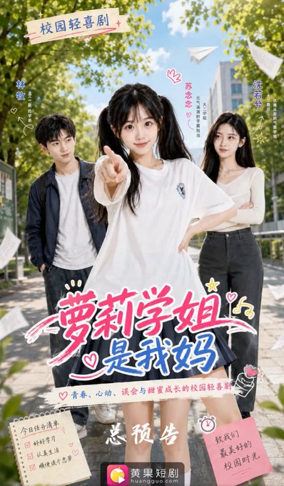 A promotional poster for the campus light comedy "Moli Senior Is My Mom" (萝莉学姐是我妈) on Huangguo (黄果) short drama app, featuring three young actors posed outdoors with title text and a tagline about "youth, heartbeat, misunderstandings, and sweet growth." The post aligns with the poster's youthful romance theme, emphasizing how Huangguo short dramas capture fleeting heart-flutters and unspoken emotions into bite-sized romantic stories.