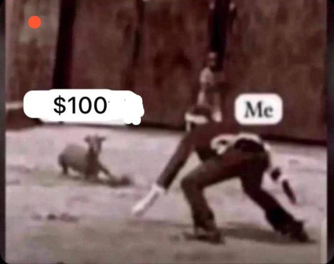 A black and white meme image showing a small baby animal labeled '$100' on the left and a person bending over labeled 'Me' on the right, depicting someone chasing after money.