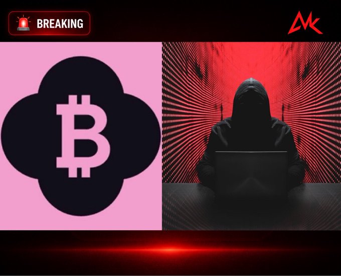 Breaking news thumbnail featuring the Bitcoin logo on a pink clover background next to a hooded hacker silhouette at a laptop in a red-lit server room, with a 'BREAKING' alert and MK logo.