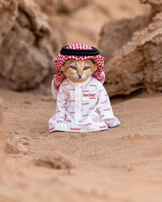 A photo of a cat dressed in traditional Arab attire, including a red and white checkered keffiyeh with a black agal, and a white thobe covered in red 'SanDisk' logos, sitting on sand against a rocky backdrop.