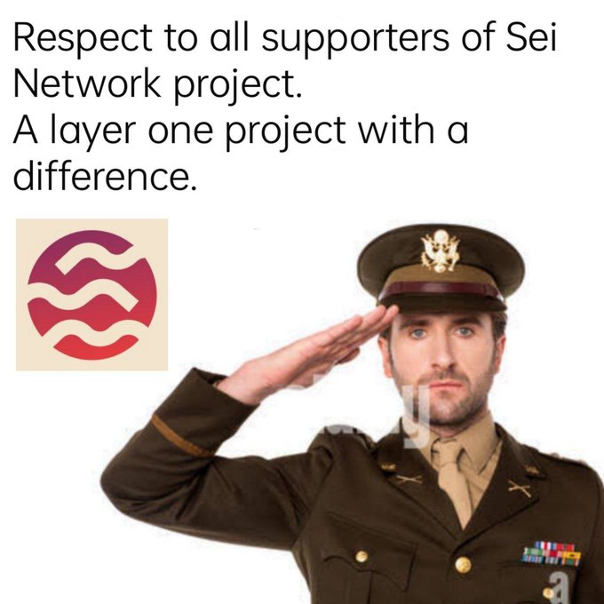 A graphic with text reading 'Respect to all supporters of Sei Network project. A layer one project with a difference' alongside the Sei logo and a man in a military uniform saluting.