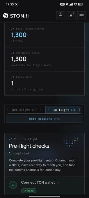A screenshot of the STON.fi app showing 1,300 total miles earned and instructions to 'Connect TON wallet' for pre-flight checks.