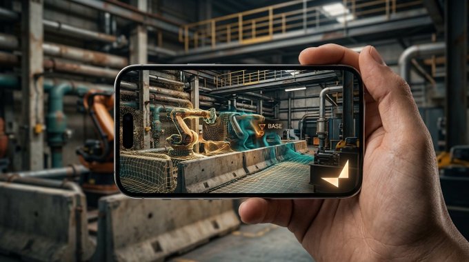 A hand holding a smartphone that displays an augmented reality view of an industrial facility with pipes and machinery, labeled "BASE" with a lightning bolt icon in the corner.