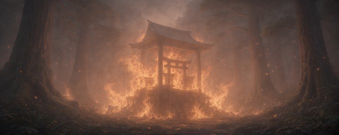 A traditional Japanese torii gate stands engulfed in flames within a dark, misty forest.