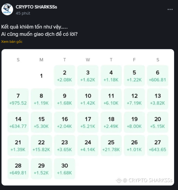 A social media post by 'CRYPTO SHARKSSs' in Vietnamese shows a monthly calendar displaying daily cryptocurrency gains in green numbers.