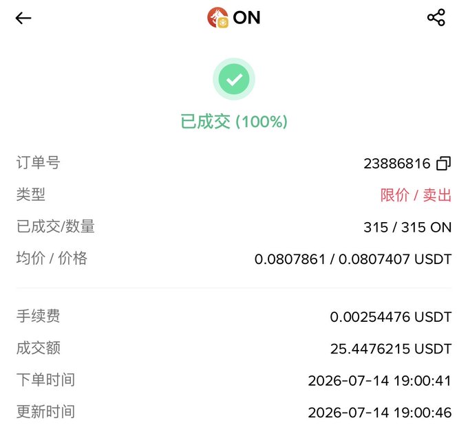 A completed cryptocurrency order confirmation screen for selling 315 ON tokens at approximately 0.0807 USDT each, for a total of 25.44 USDT, completed on 2026-07-14.