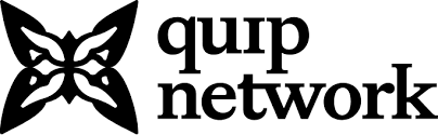 The main focus of this image is a logo for Quip Network. The logo features a stylized black butterfly with white wings against a gray background. Below the butterfly, there's text that reads "quip network" followed by "quip network". This suggests that the company's name and mission are related to the concept of Quip Network.