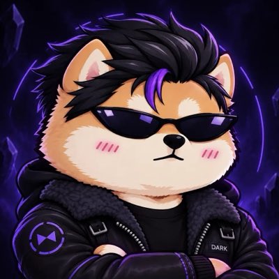 A stylized Shiba Inu character with spiky black hair featuring purple highlights, wearing dark sunglasses and a black jacket with "DARK" visible on it, set against a purple cosmic background—referencing the "Crasskitty" persona and the @DarkSwapApp brand mentioned in the post.