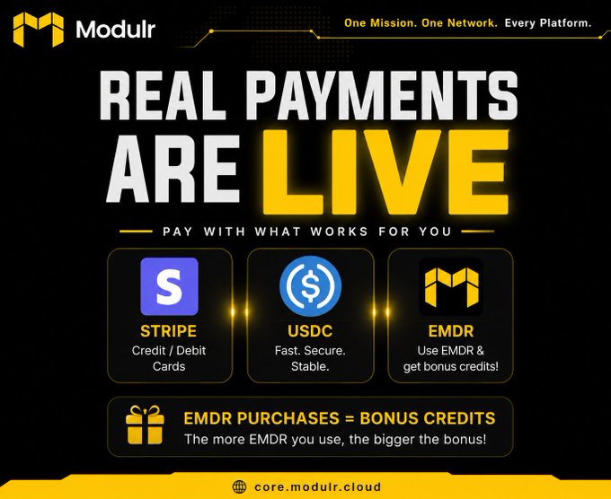 A promotional graphic for Modulr announcing that 'Real Payments Are Live,' with payment options including Stripe (Credit/Debit Cards), USDC (Fast, Secure, Stable), and EMDR, promoting bonus credits for EMDR purchases at core.modulr.cloud.