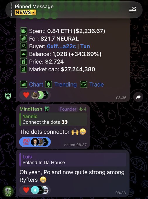 A screenshot of a chat app showing a pinned news message about a transaction of 821.7 NEURAL tokens for 0.84 ETH ($2,236.67), alongside a message from MindHash founder Yannic.