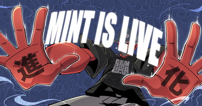 A character wearing a black shirt and red gloves displaying the characters "進" (advance) and "北" (north) poses against a blue background, with bold text announcing "MINT IS LIVE." The imagery ties directly to the SHINKA project launch, marking the start of the mint phase, treasury allocation period, and upcoming GTD minting window as described in the post.