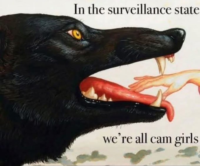 An illustration of a snarling black wolf-like creature with its mouth open, with text reading 'In the surveillance state we're all cam girls.'