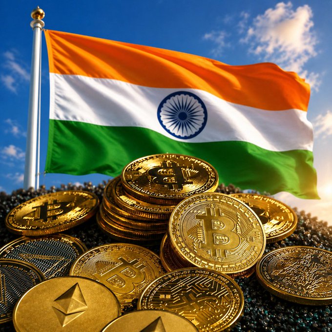 The Indian flag waves above a pile of physical Bitcoin tokens, with an "₿" symbol visible on the coins. The image visually represents the post's theme of India's central bank potentially tightening cryptocurrency regulations and restricting banks' exposure to crypto and stablecoins, highlighting the potential market impact of any policy changes in this major economy.
