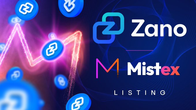 Promotional graphic announcing Zano listing on Mistex exchange, featuring the Zano logo and chain link icons against a purple and blue neon background.