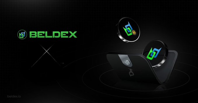 A promotional graphic for "BELDEX" features its green logo alongside floating coin designs with a stylized "b" symbol against a dark background.