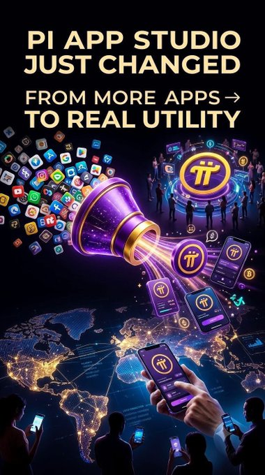 The image promotes the evolution of "PI APP STUDIO" with bold text declaring "PI APP STUDIO JUST CHANGED FROM MORE APPS → TO REAL UTILITY," visually depicted by a funnel transforming app icons into a connected global network of users with smartphones, symbolizing the platform's shift toward building functional applications with worldwide reach and active engagement.
