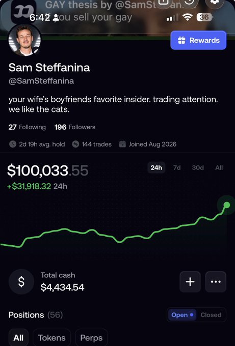 A screenshot of Sam Steffanina's (@SamSteffanina) trading portfolio at $100,033.55 with a 24h gain of +$31,918.32, illustrating the post celebrating crossing the $100,000 ("six figgies") threshold thanks to friends and alpha contributors.
