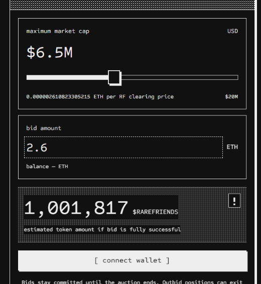 An interface showing an auction for $RAREFRIENDS tokens with a maximum market cap of $6.5M USD and a clearing price of 0.00000261823305215 ETH, where a bid of 2.6 ETH would yield an estimated 1,001,817 $RAREFRIENDS tokens. This illustrates the post's point that Genesis Rare Friends tokens are undervalued relative to their floor price, as a 2.6 ETH bid in this auction would acquire over 1 million tokens.
