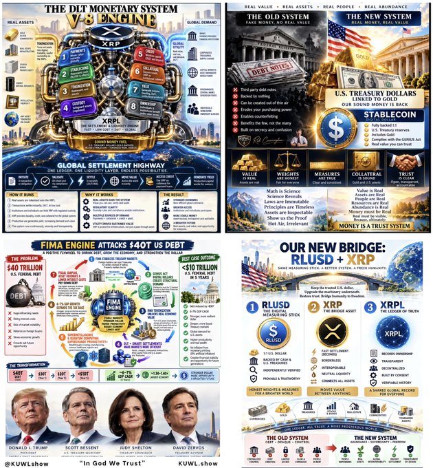A multi-panel infographic titled "The D.I.T. Monetary System V.5 Engine" compares the old debt-based fiat system (USD linked to gold, then "nothing") to a new "stable coin" system built around $RLUSD + $XRP, citing a "$40T U.S. Federal debt" and "$10 trillion of interest paid in 5 years," and featuring Donald J. Trump alongside Scott Bessent, Troy Shelt, and David Zervos under a "FIMA Engine Attacks $40T US Debt" banner. It visually maps the shift from a trust-based monetary system to a tokenized, real-asset-backed bridge where $RLUSD serves as a measuring stick and $XRP as the bridge asset—aligning with the post's claim that money itself is being reengineered in how value is proven, owned, and moved.