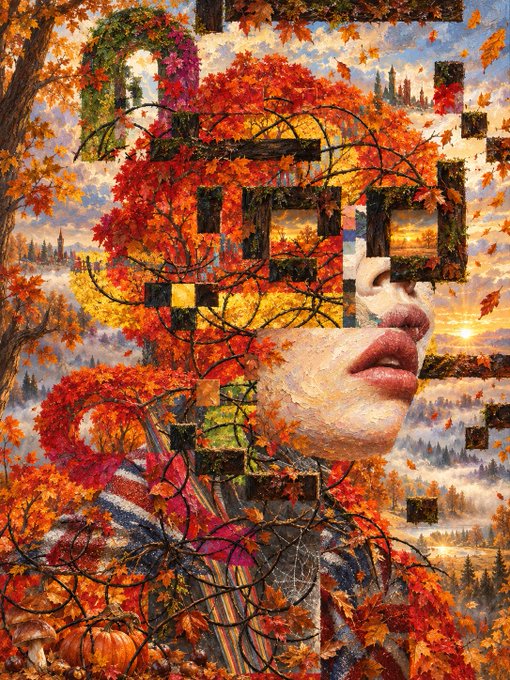 A surreal AI-generated digital art collage featuring a woman's face merged with autumn leaves, pumpkins, landscapes, and geometric pixelated blocks in warm fall colors.