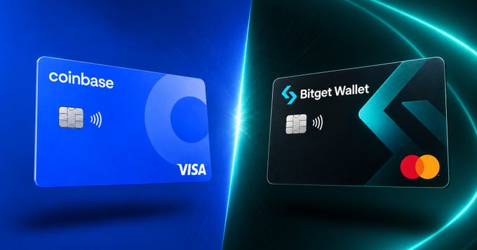 A promotional image showing two crypto cards side by side: a blue Coinbase Visa card on the left and a black Bitget Wallet card on the right with a Mastercard logo.