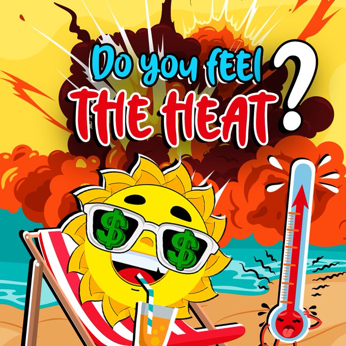 A cartoon sun wearing sunglasses with dollar signs lounges on a beach chair beside a scorching thermometer, with bold text reading "DO YOU FEEL THE HEAT?" amid fiery explosions in the background—visually capturing the post's warning that the $SUMMER token's meteoric rise feels reminiscent of the early $ANSEM chart pattern.
