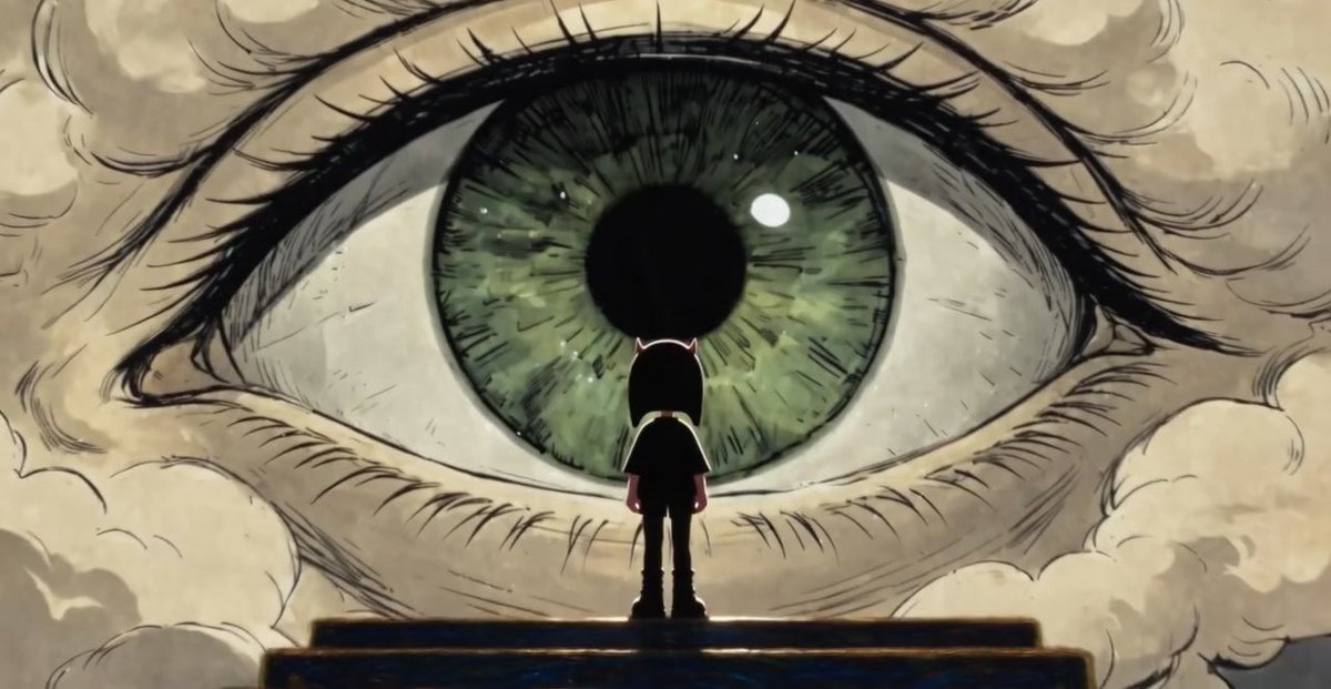 A lone figure with small horn-like ears stands on a ledge facing a giant, all-seeing green eye rendered in a hand-drawn sketch style. The surreal, watchful imagery evokes a sense of being observed by a higher power, fitting the post's crypto-community hype around @0xNTRPY's mint-out success and the call to "pull up" to the trap house for giveaways and wins.