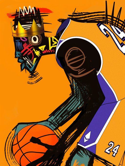 An abstract artistic illustration on an orange background featuring a stylized figure wearing a crown, a basketball, and purple geometric shapes with the number '24'.