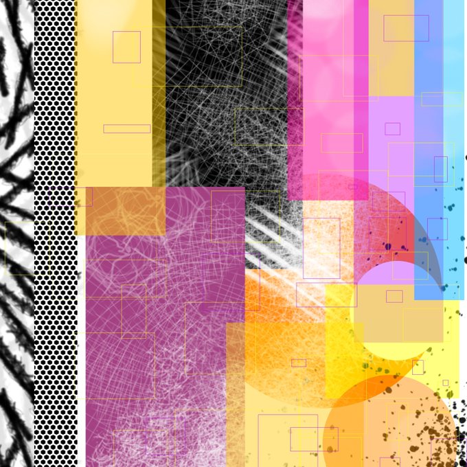 A vibrant, abstract collage featuring layered textures, geometric shapes, and colorful blocks in pink, yellow, purple, and blue tones.