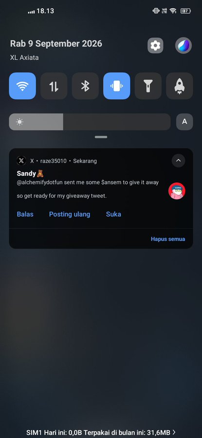 The image shows an Android notification shade displaying a notification from X (formerly Twitter) from user "raze35010" with the text "Sandy @alchemifydotfun sent me some $ansem to give it away so get ready for my giveaway tweet," supporting the accompanying post seeking Solana addresses for a giveaway.