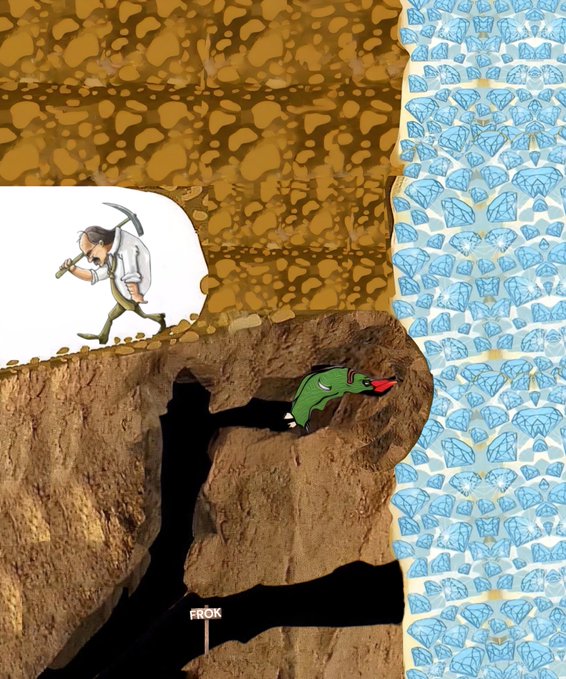 In this digital illustration, there is a man wearing a white shirt holding a pickaxe as he walks up an incline, moving away from a cave filled with jewels. The cave seems like a trap, causing the man to freeze instead of progressing further up the mountain. The surrounding area also displays several piles of blue jewels, possibly representing stolen USDC. A post on social media claims that these jewels were laundered by threat actors exploiting gravity exploit weaknesses in the platform. The post mentions that $12.6M worth of USDC was frozen due to this vulnerability instead of being laundered as planned.