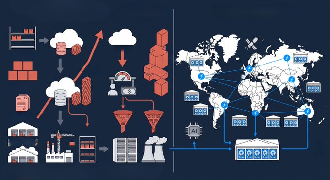 The image is an infographic depicting a two-part data storage ecosystem: the left side illustrates enterprise infrastructure with warehouse buildings, server racks, cooling towers, HDD/SSD storage units, and data filtering processes represented by cloud icons, gauges, and funnel diagrams, while the right side shows a world map with interconnected server nodes and AI processing hubs linked to a central data center—visually emphasizing the global, distributed nature of large-scale data storage. This relates to the post's context by representing the enterprise HDD/SSD infrastructure whose pricing VDURA tracks, illustrating how the $1,216 30TB HDD cost (up 146% from $495) and the 18.6x price advantage HDDs still hold over TLC SSDs factor into real-world deployment decisions for systems like Filecoin, which was launched before this year's storage price surge.