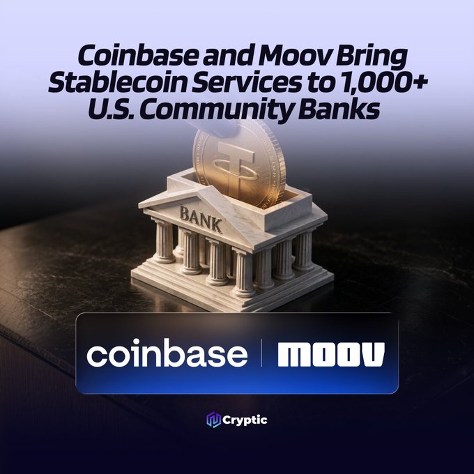 A promotional graphic titled "Coinbase and Moov Bring Stablecoin Services to 1,000+ U.S. Community Banks" features a classical bank building topped with a gold Tether (USDT) coin, alongside the Coinbase and Moov logos—visually representing the partnership that will deliver stablecoin infrastructure to community banks and credit unions.