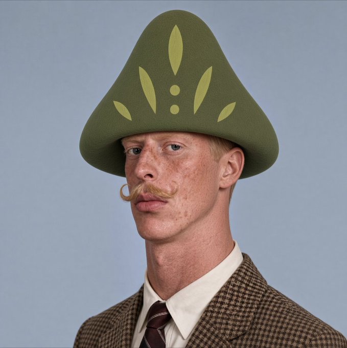 A portrait of a fair-skinned man with a curled mustache wearing a tweed jacket and an oversized olive green hat with a leaf-like cutout design.