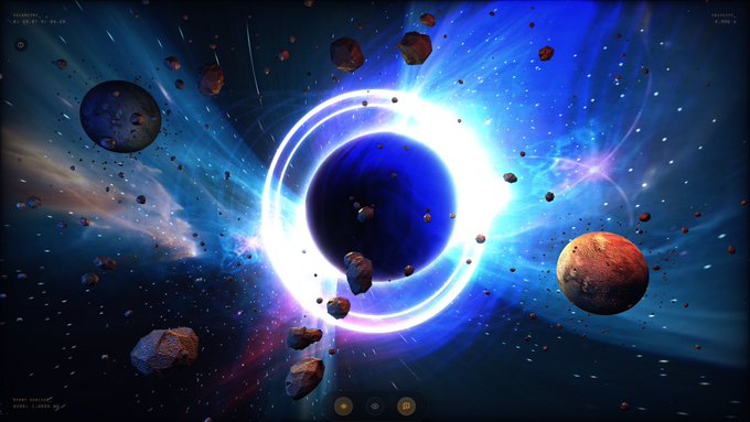 A vibrant digital illustration of a cosmic black hole or eclipse surrounded by asteroids and swirling blue light.