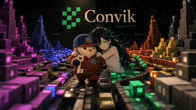 A stylized digital artwork featuring a plush bear mascot and anime-style character in a neon-lit cityscape with the 'Convik' logo and 'Asset-Backed Stock Mining' tagline.